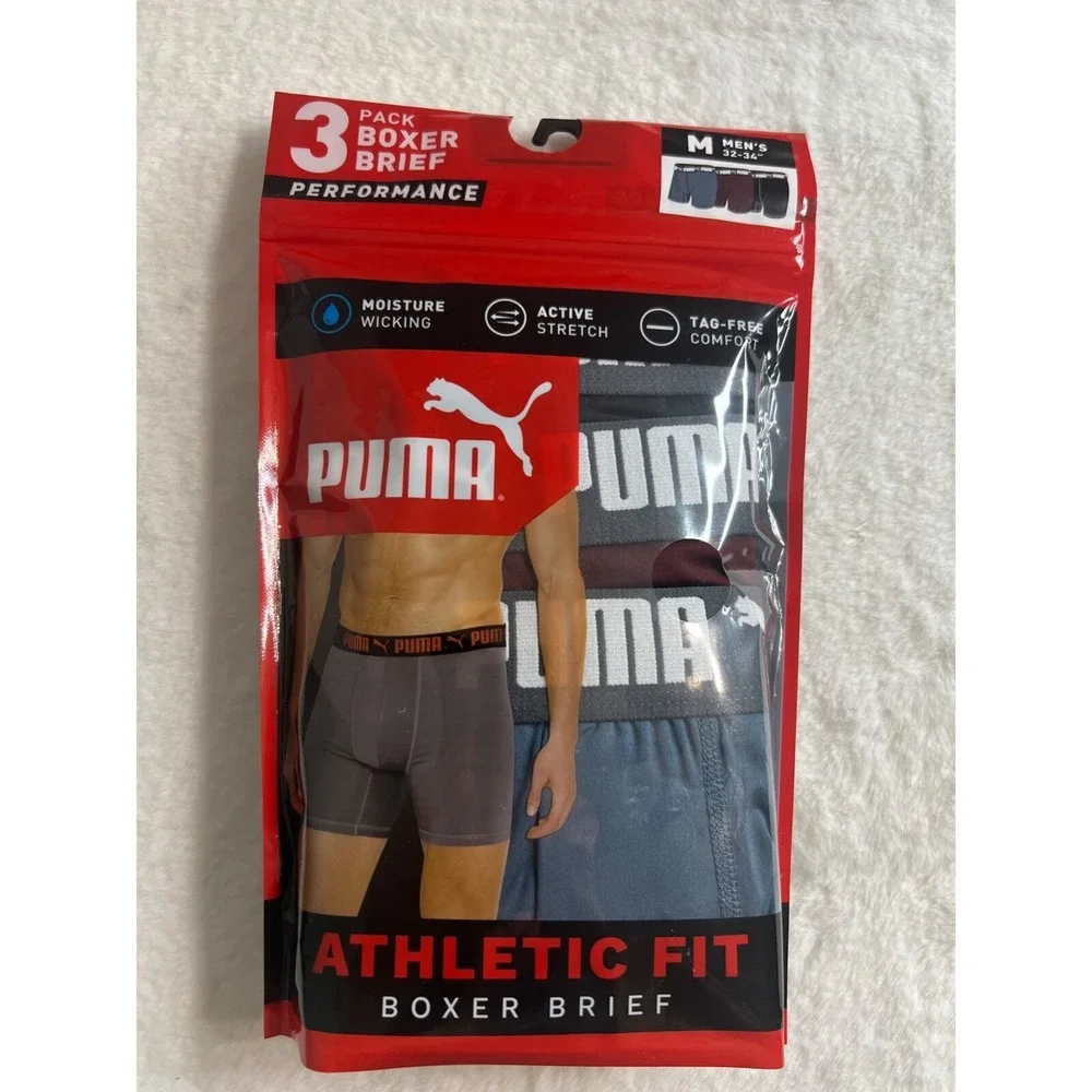 PUMA 3 PACK BOXER BRIEF PERFORMANCE UNDERWEAR Black Gray Burgundy Men's medium